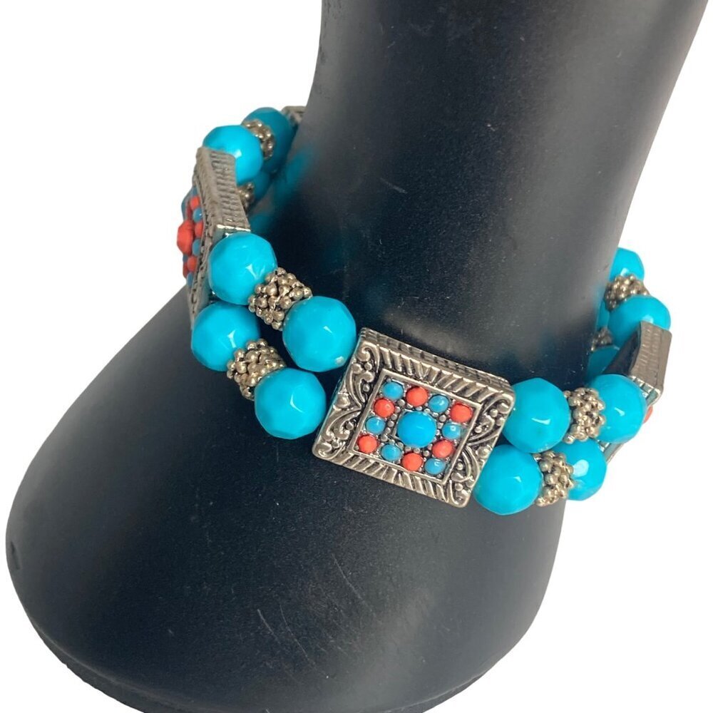 Southwestern Vibe Stretch Bracelet Silver Tone Panels Turquoise & Coral Beads